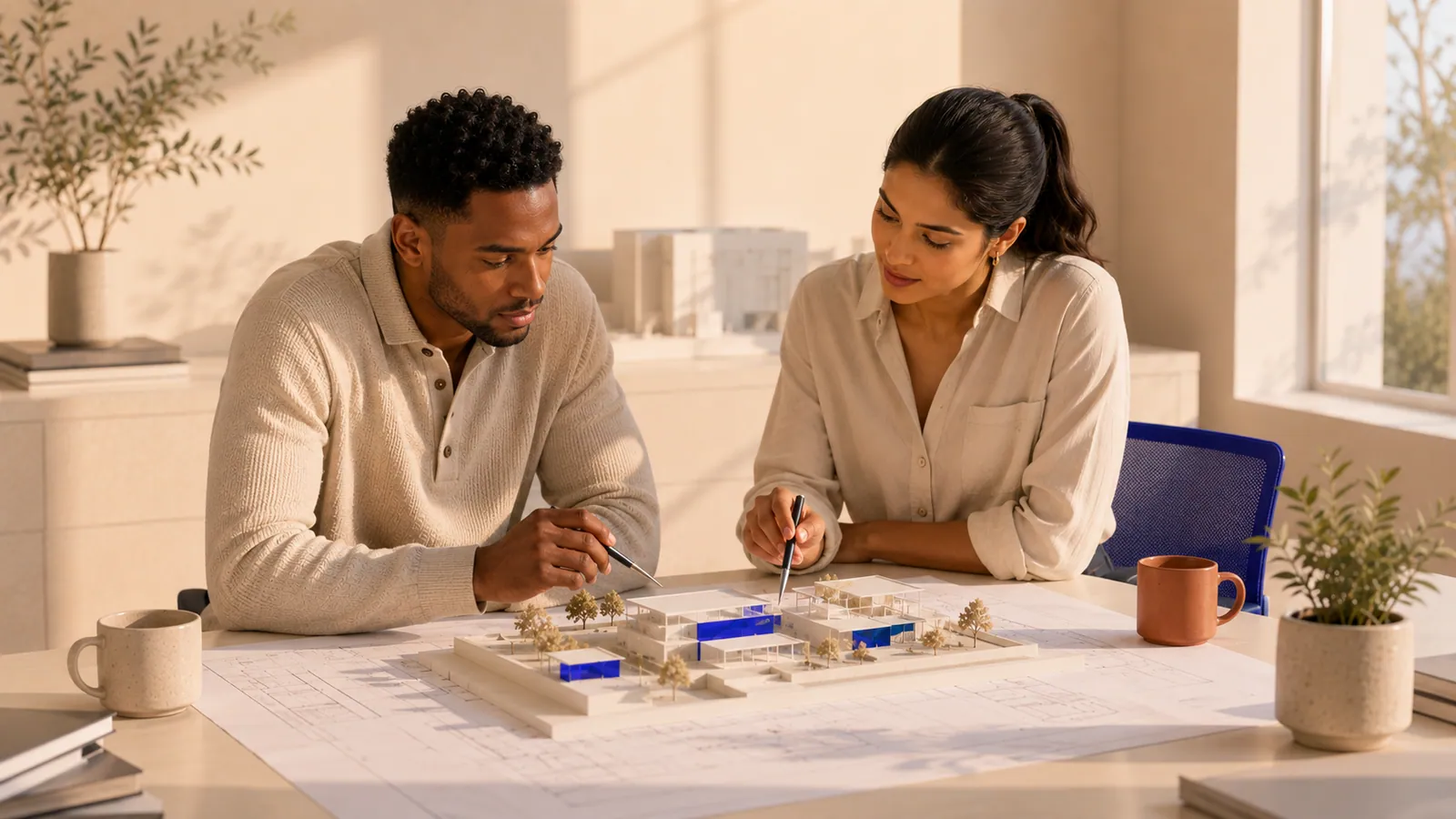 Two agents reviewing an architectural model